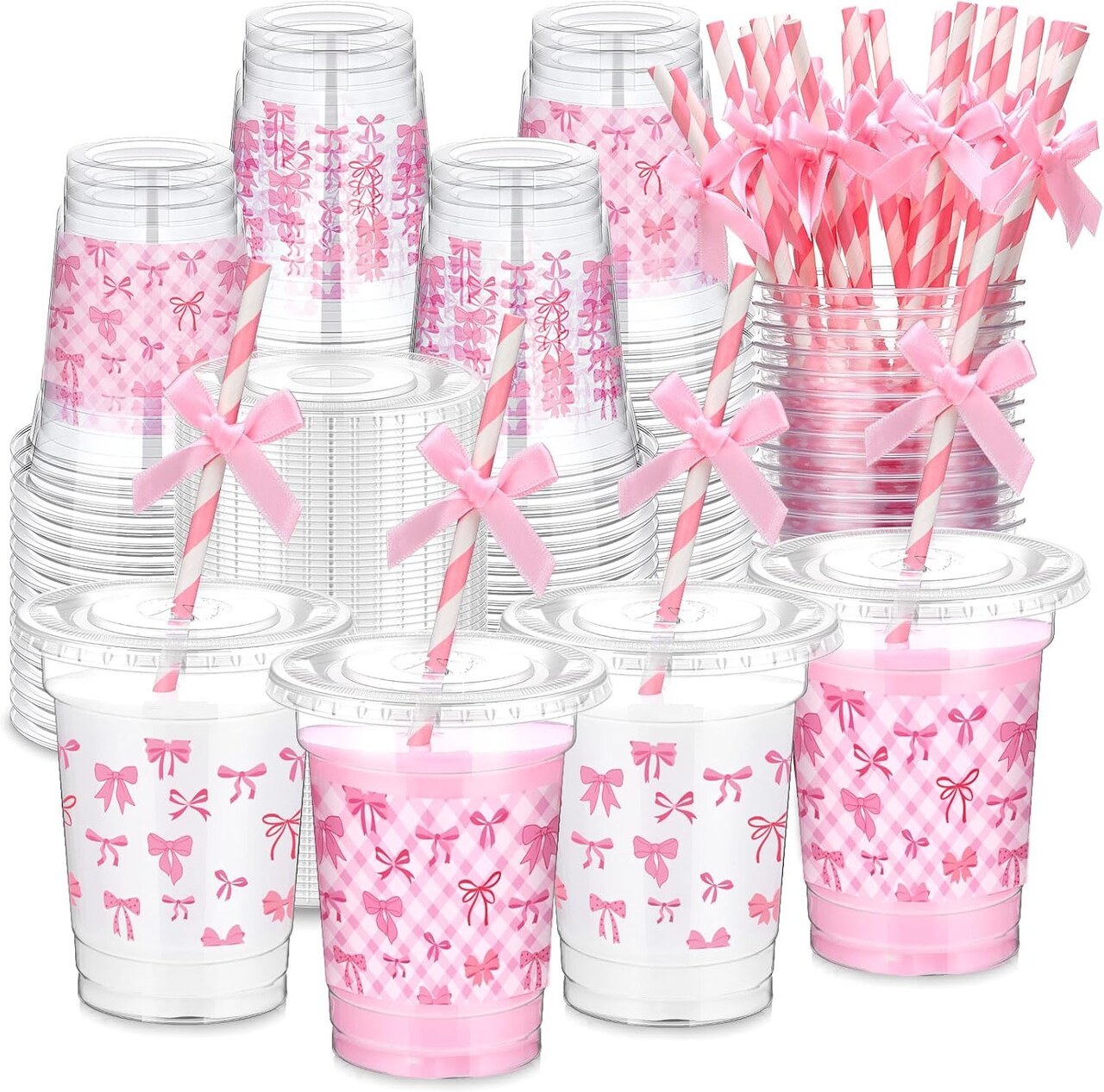 100 Set 12 oz Coquette Bow Plastic Cups with Lids and Straws Disposable Bow Daisy Clear Plastic Cups